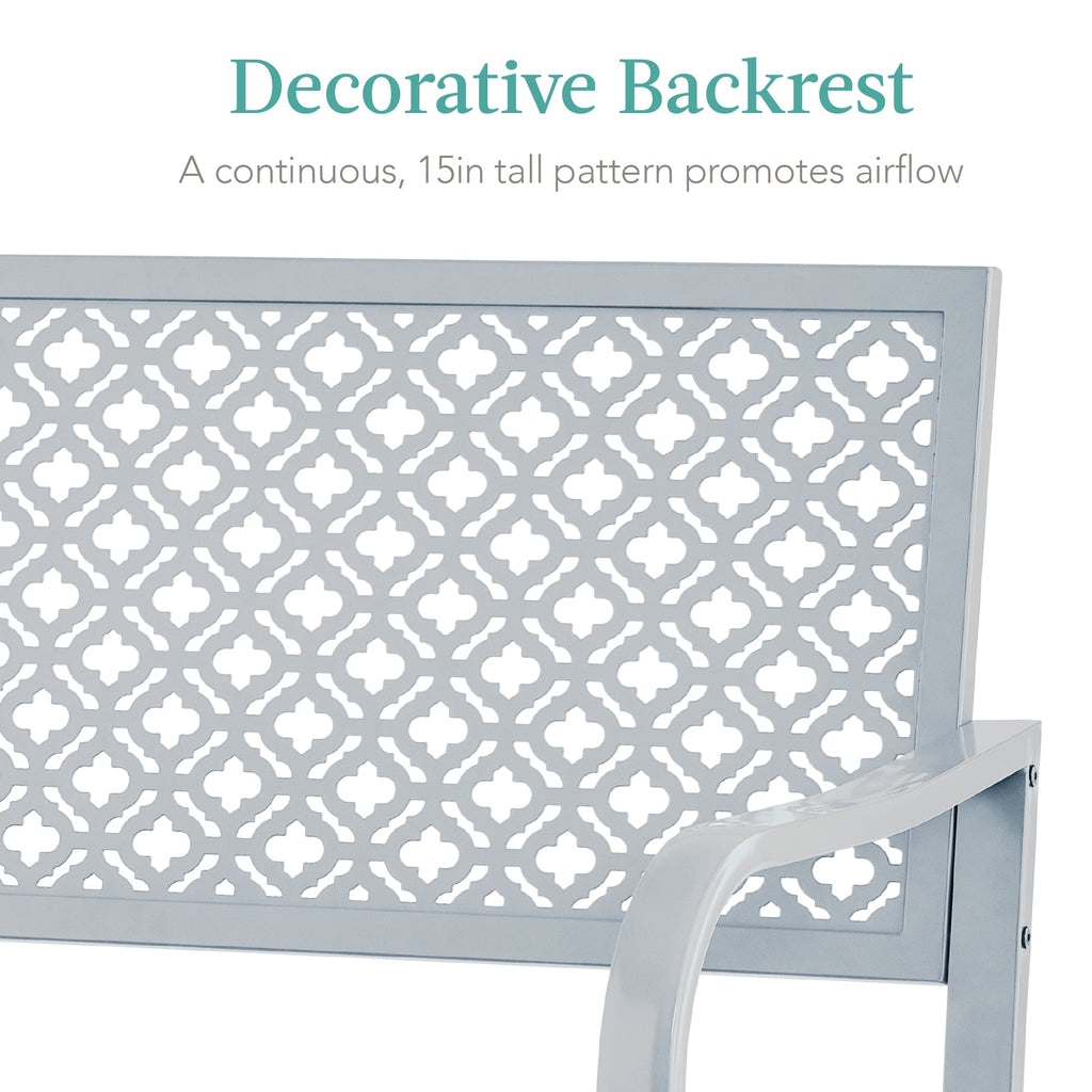 Indoor Outdoor Steel Bench w/ Geometric Backrest, Foot Levelers
