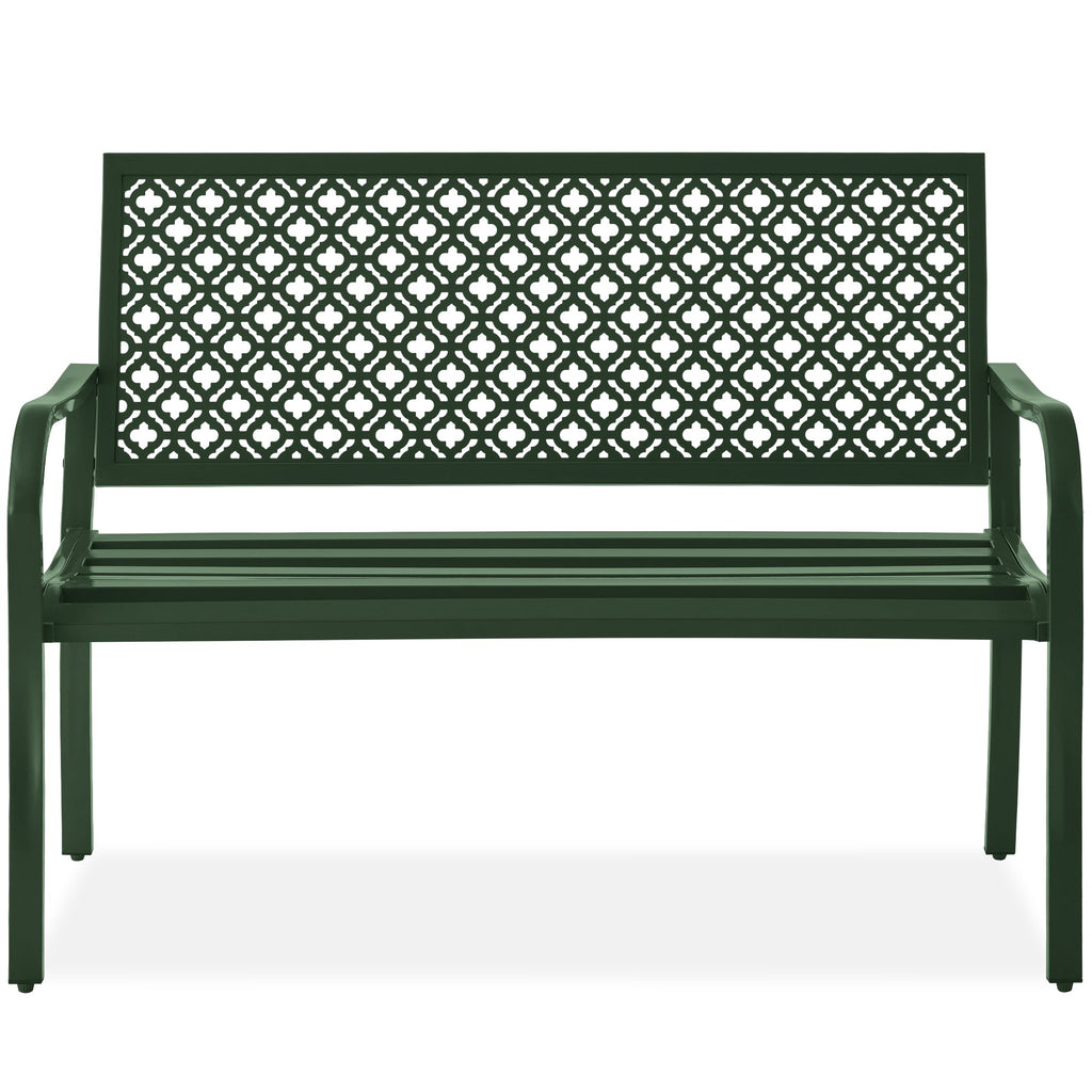 Indoor Outdoor Steel Bench w/ Geometric Backrest, Foot Levelers