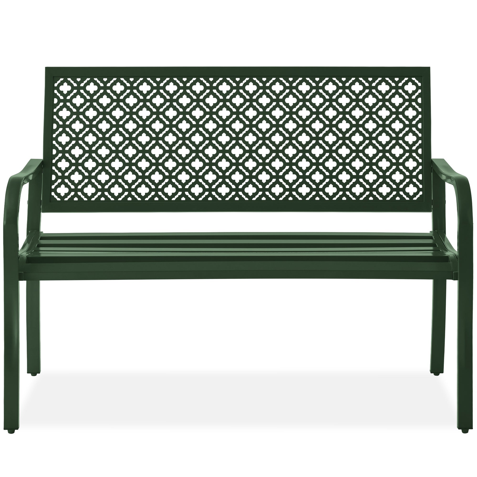 Indoor Outdoor Steel Bench w/ Geometric Backrest, Foot Levelers