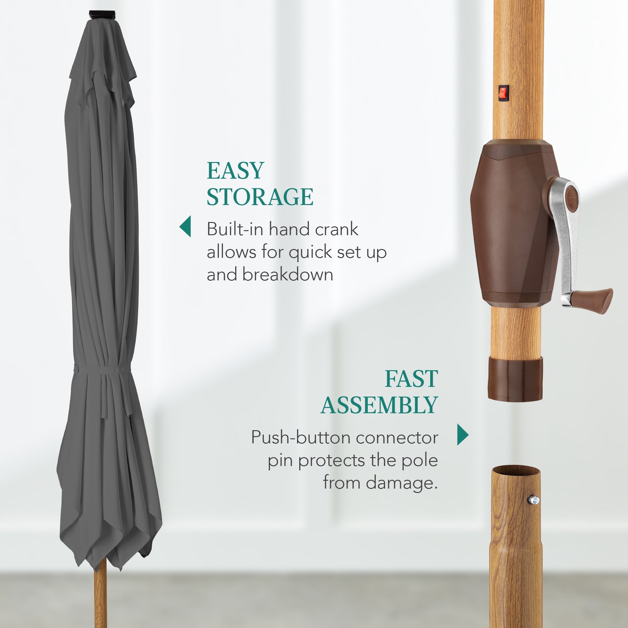 Square Solar LED Lighted Patio Umbrella w/ Woodgrain Pattern - 9ft