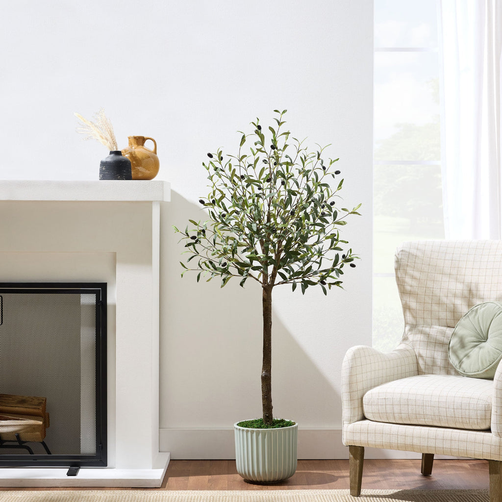 Artificial Olive Tree, Lifelike Faux Tree w/ White Pot, Decorative Olives