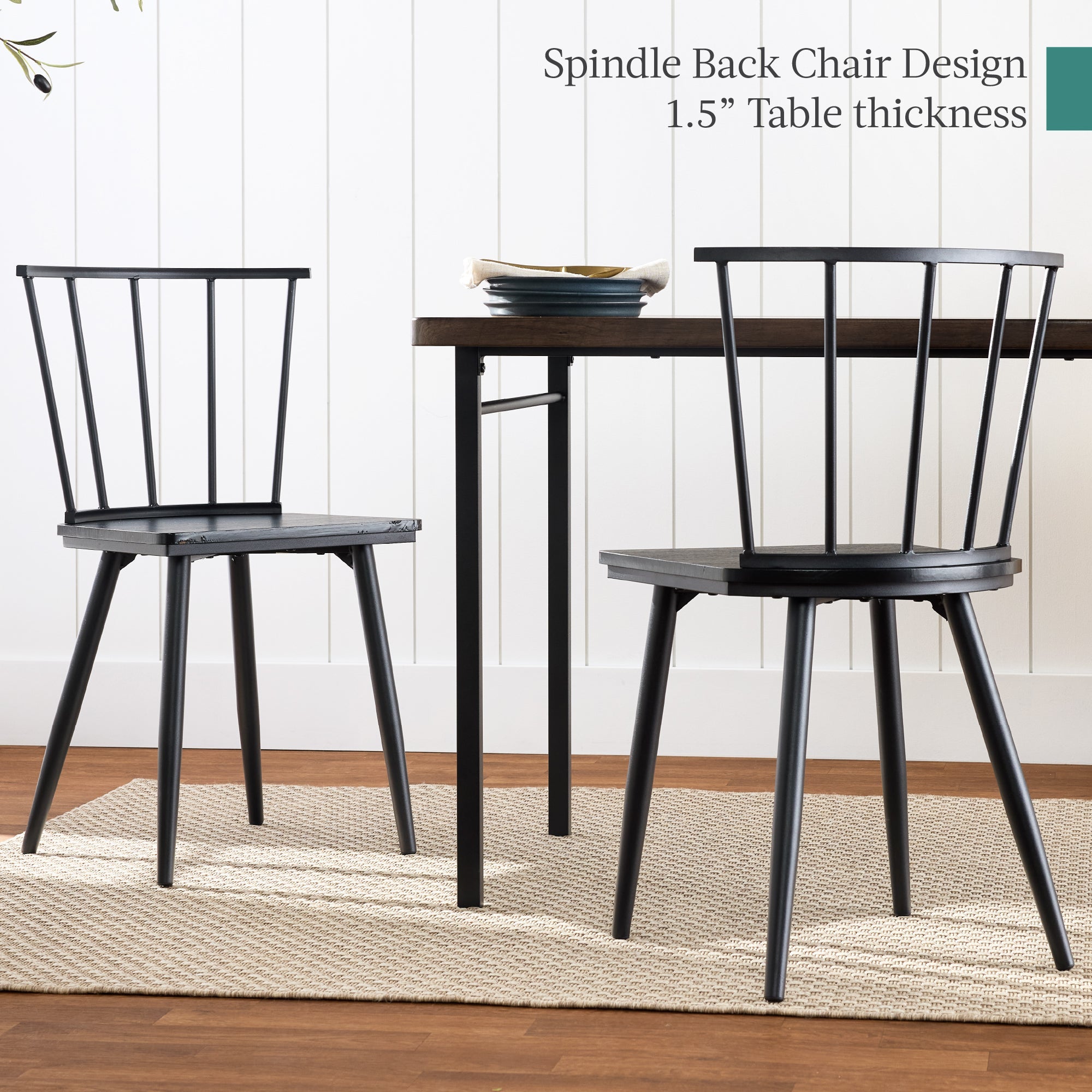 4-Piece Farmhouse Dining Table Set w/ 2 Black Spindle Chairs, Bench, Table