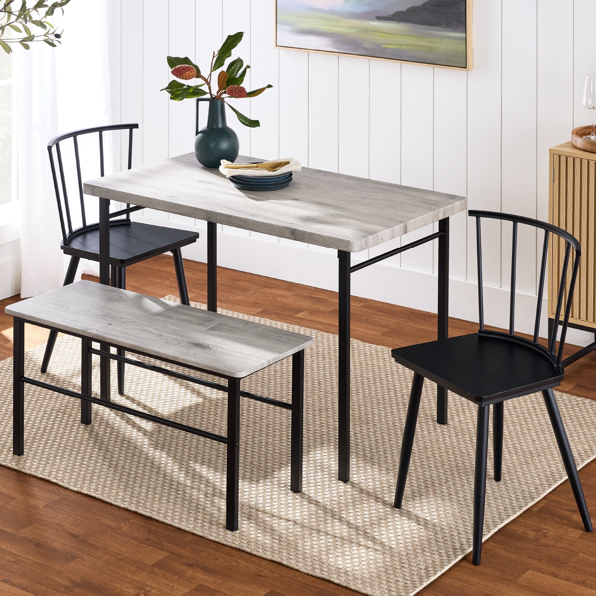 4-Piece Farmhouse Dining Table Set w/ 2 Black Spindle Chairs, Bench, Table