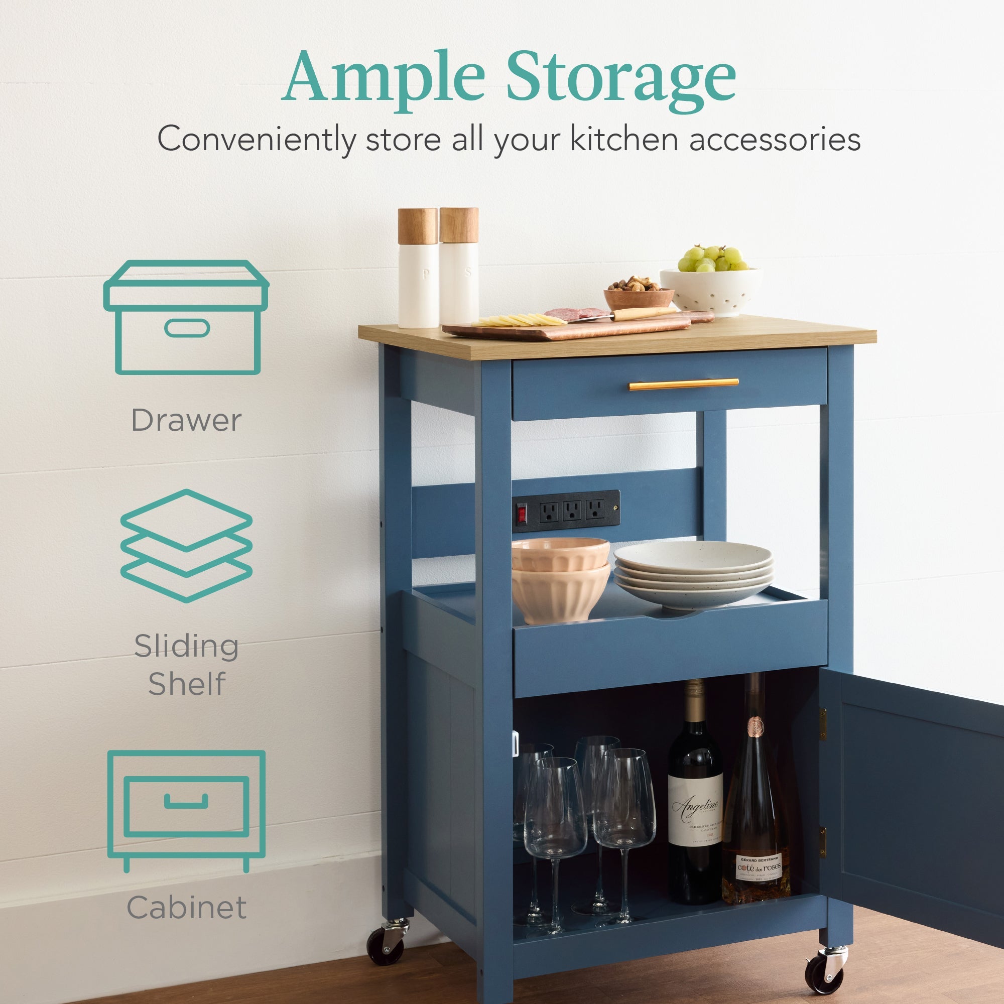 Rolling Kitchen Island Cart, Cabinet w/Drawer, Sliding Tray, Outlet