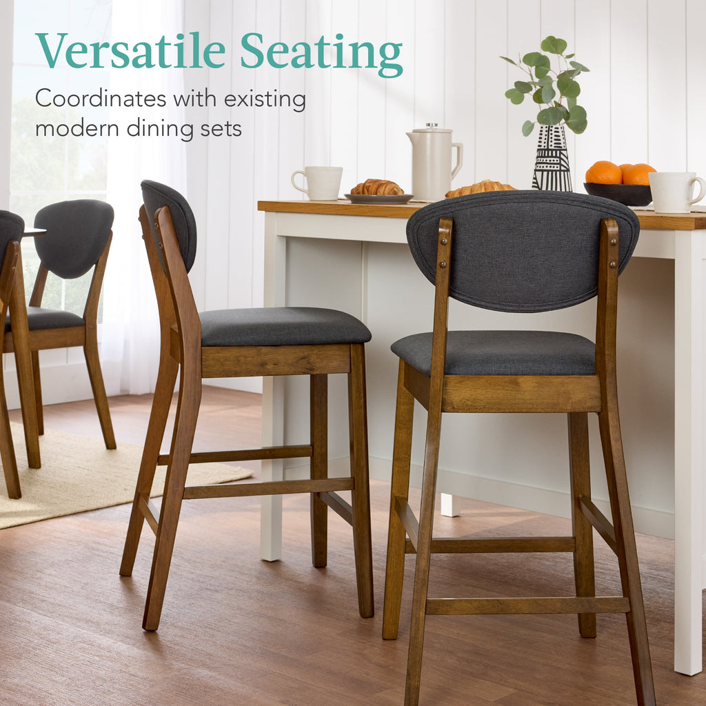 2-Piece Mid-Century Modern Wood & Upholstered Counter Height Bar Stool Set