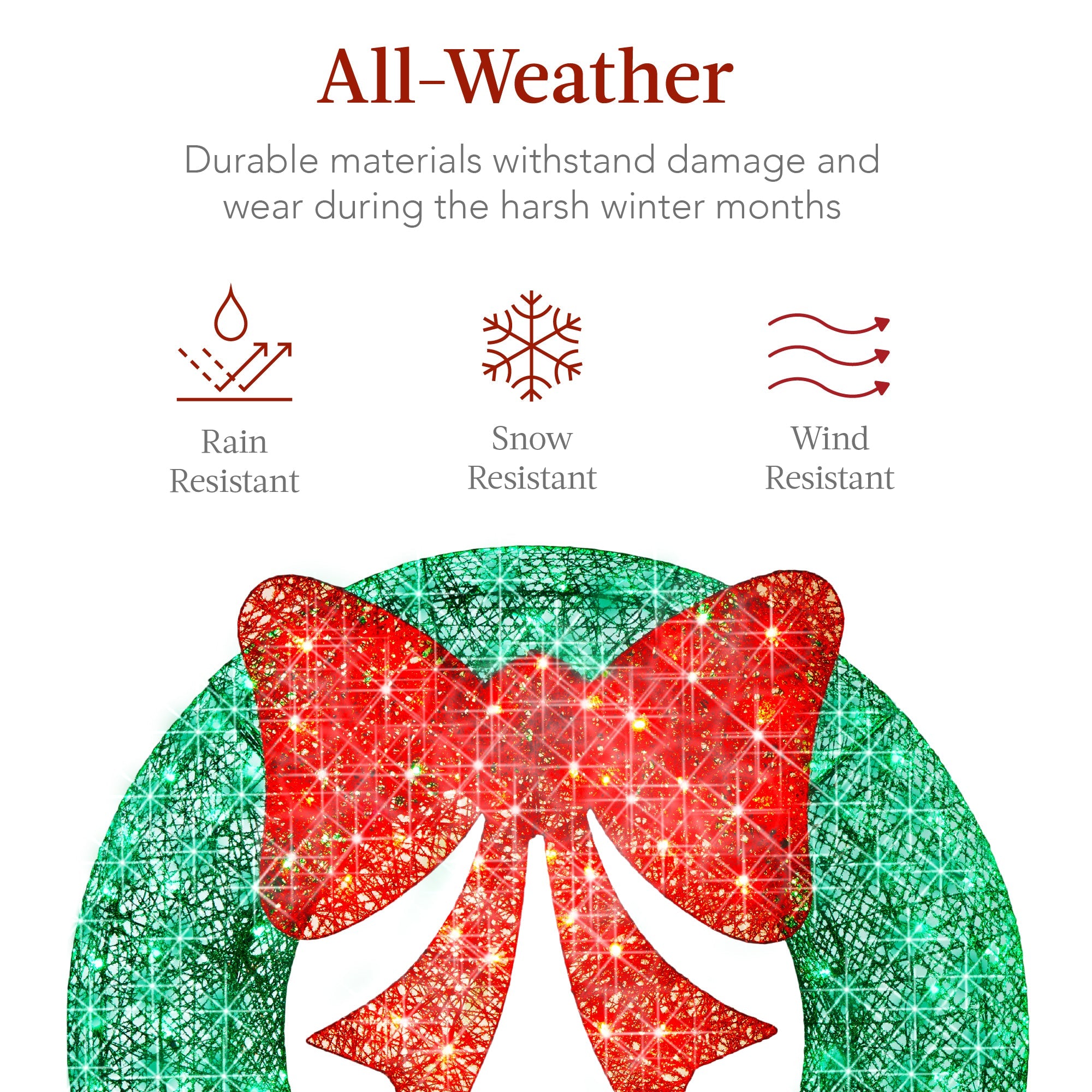 Pre-Lit Outdoor Christmas Wreath, LED Metal Holiday Decor w/ Bow - 30in