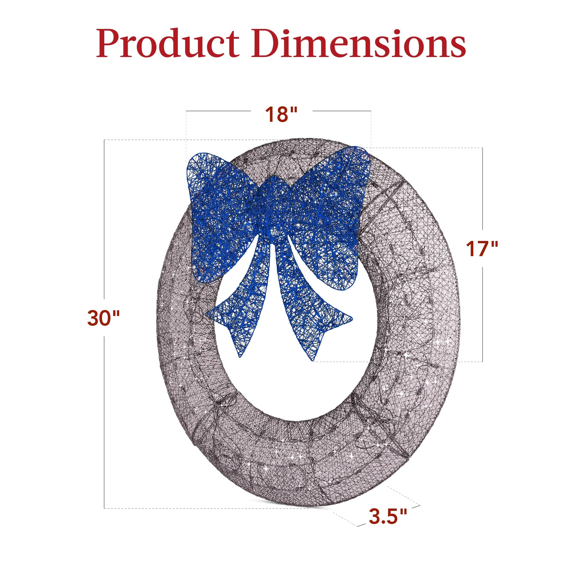 Pre-Lit Outdoor Christmas Wreath, LED Metal Holiday Decor w/ Bow - 30in