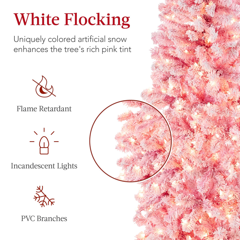 Pre-Lit Snow Flocked Pink Artificial Pencil Christmas Tree