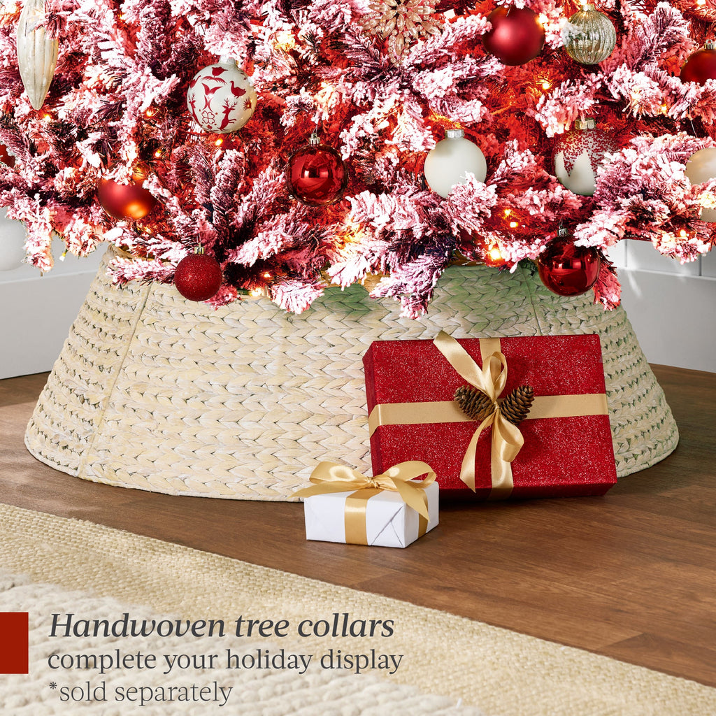 Pre-Lit Red Flocked Artificial Pine Christmas Tree w/ White Lights