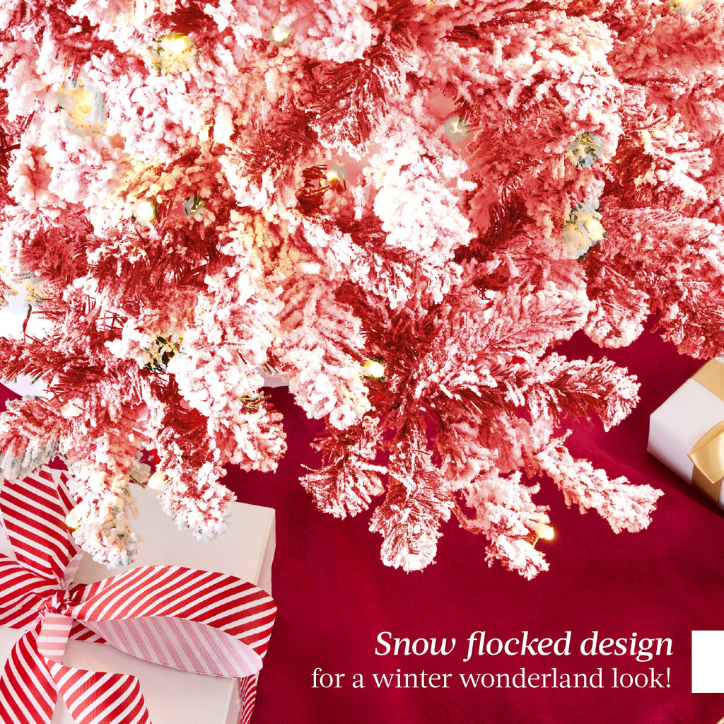 Pre-Lit Red Flocked Artificial Pine Christmas Tree w/ White Lights