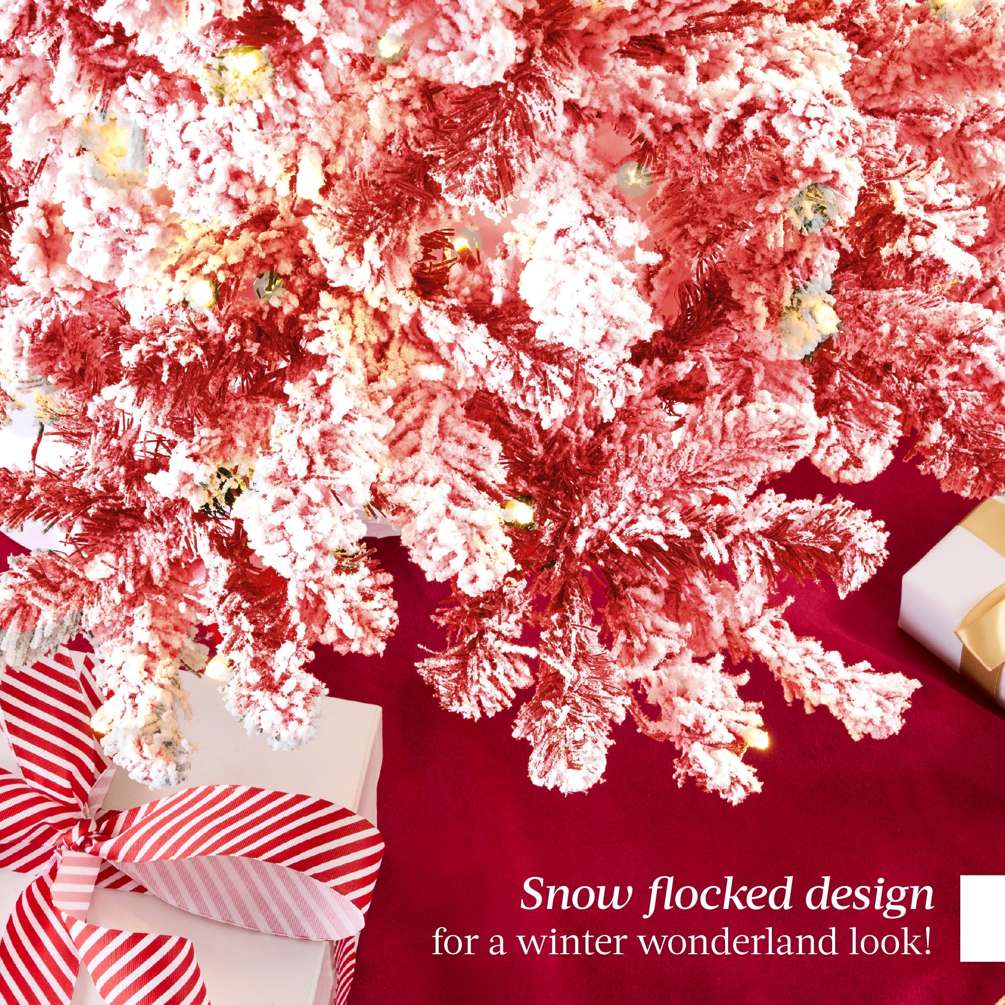 Pre-Lit Red Flocked Artificial Pine Christmas Tree w/ White Lights