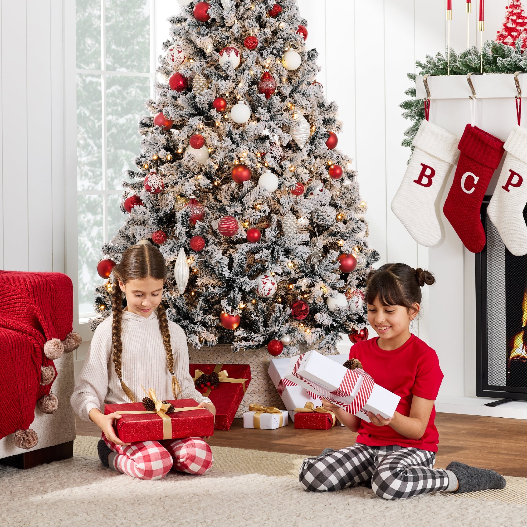 Pre-Lit Black Flocked Artificial Pine Christmas Tree w/ White Lights