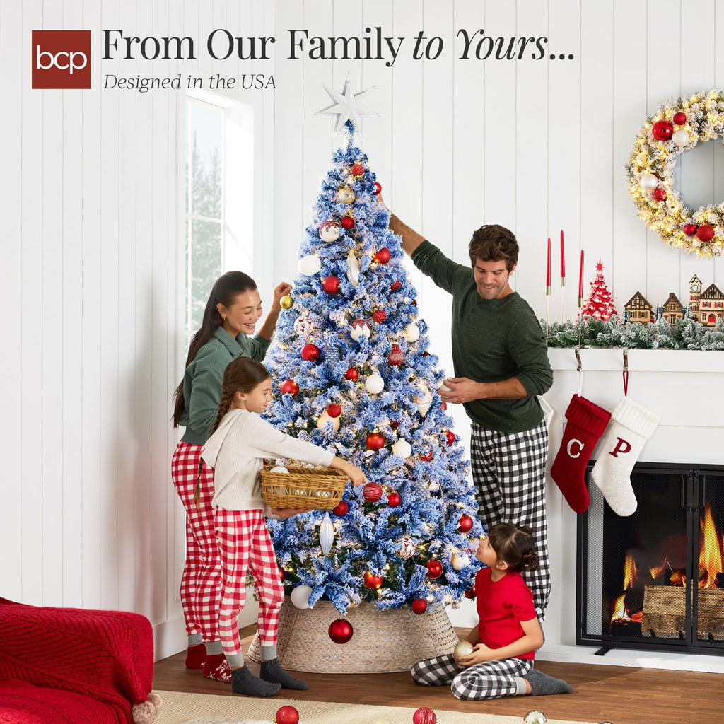 Pre-Lit Ice Blue Flocked Artificial Pine Christmas Tree w/ White Lights