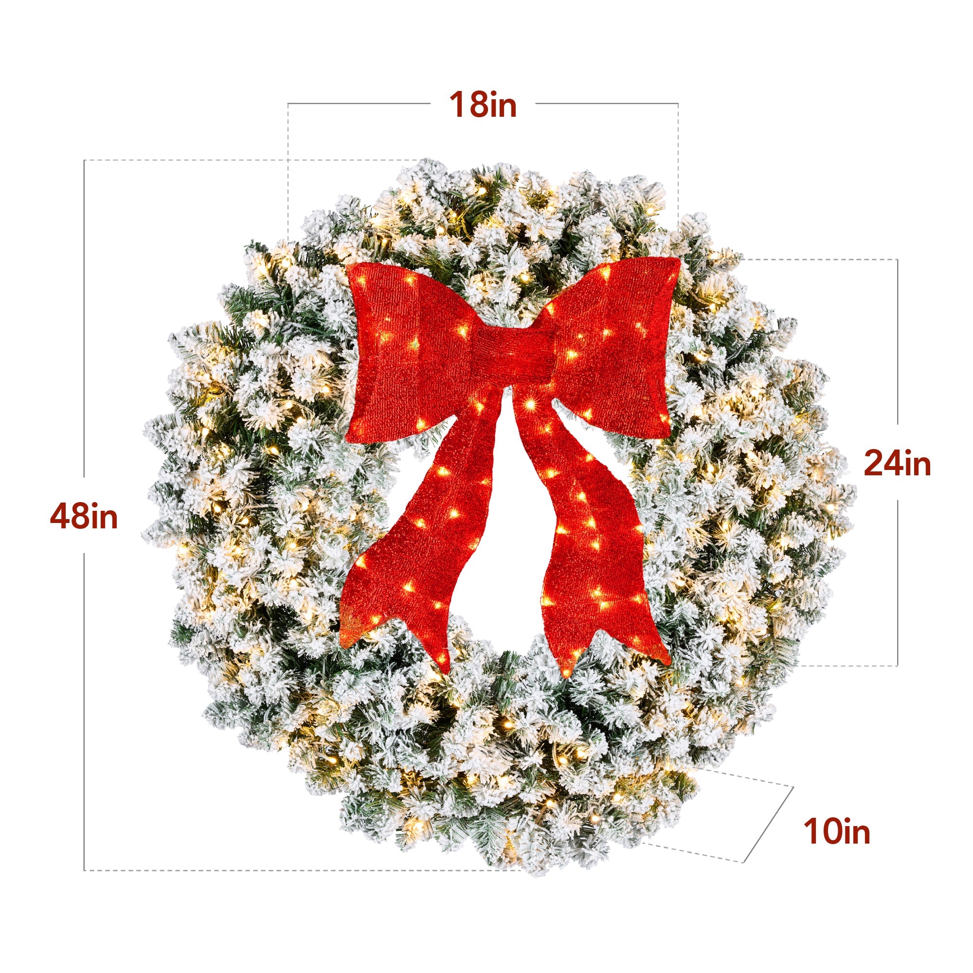 Pre-Lit Flocked Artificial Fir Christmas Wreath w/ Red Bow, LED Lights