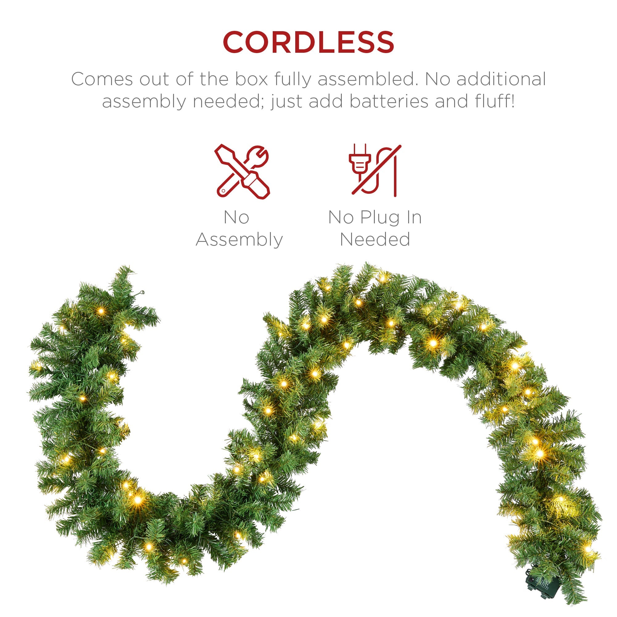 9ft Pre-Lit Christmas Garland w/ 50 Lights, Pine Cones, Berries