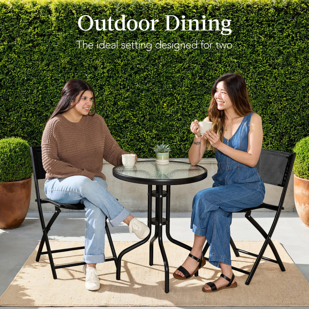 3-Piece Bistro Set w/ Glass Table, 2 Foldable Chairs