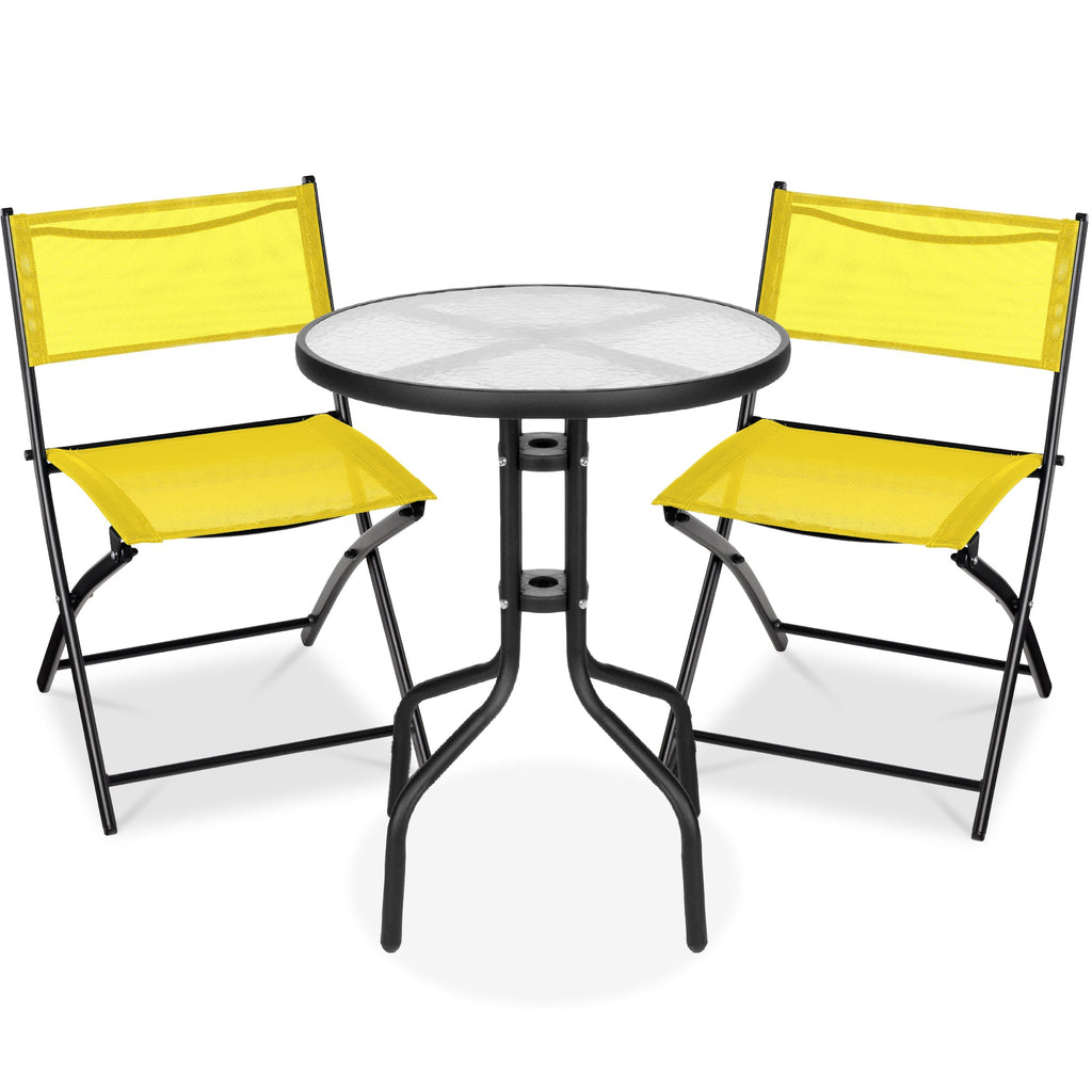 3-Piece Bistro Set w/ Glass Table, 2 Foldable Chairs
