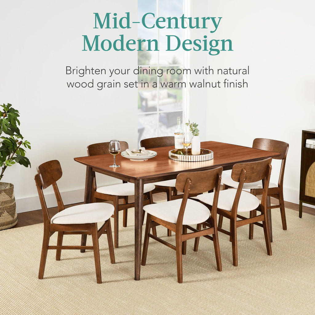 7-Piece Mid-Century Modern Dining Set, Wood Upholstered w/ 6 Chairs
