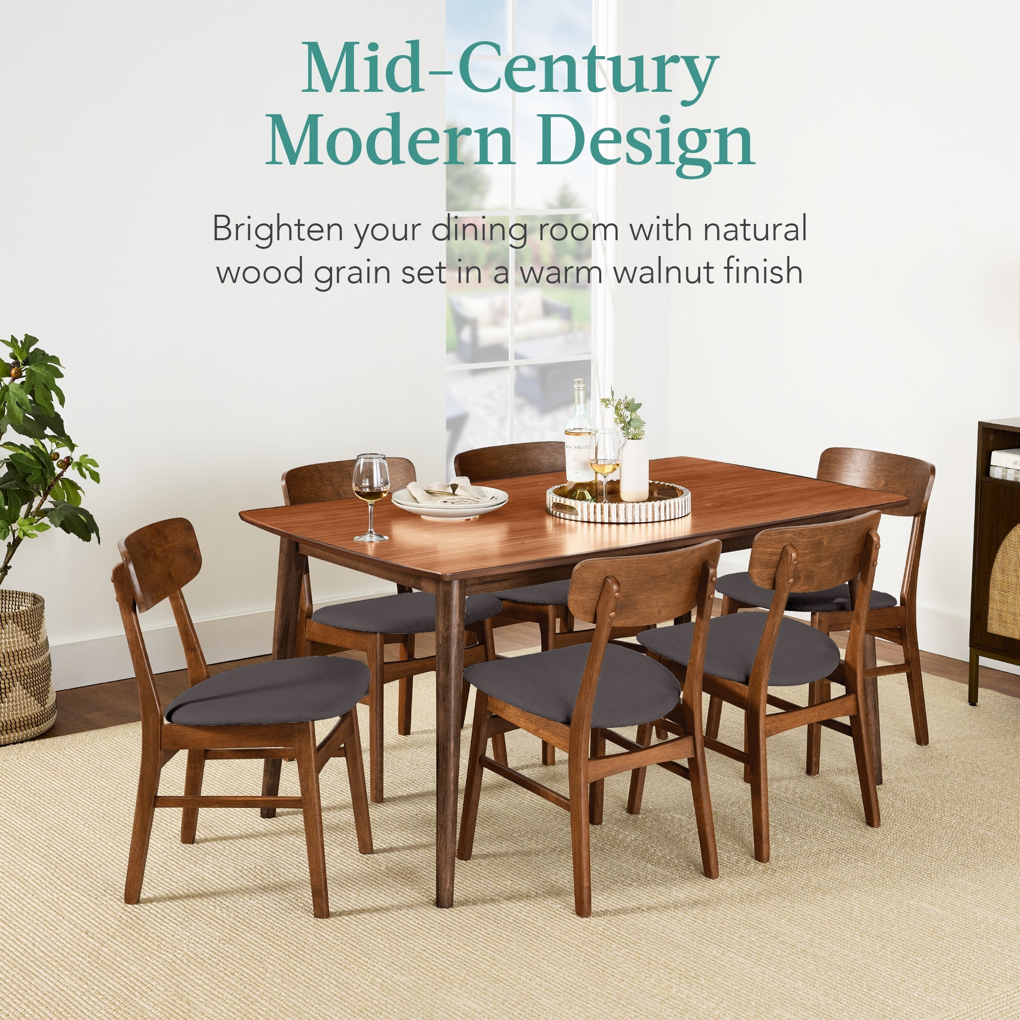 7-Piece Mid-Century Modern Dining Set, Wood Upholstered w/ 6 Chairs