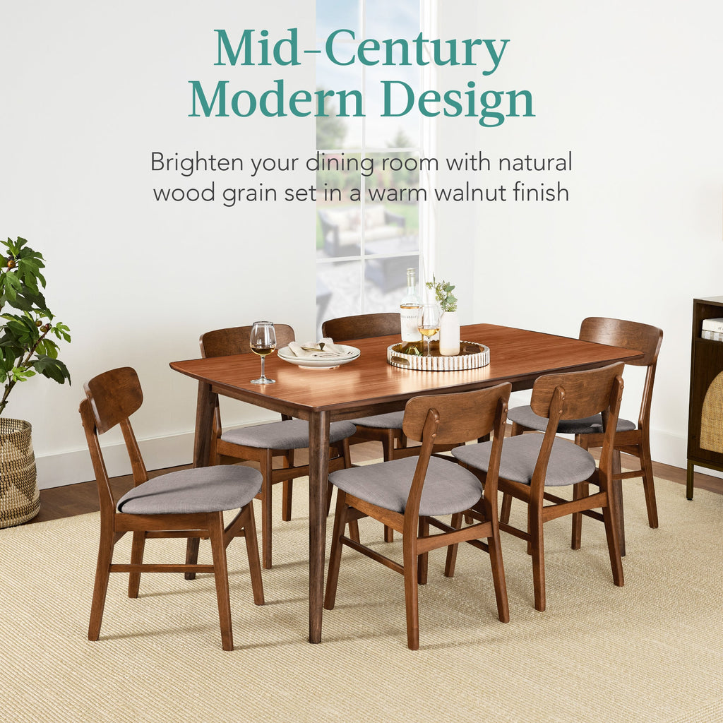 7-Piece Mid-Century Modern Dining Set, Wood Upholstered w/ 6 Chairs