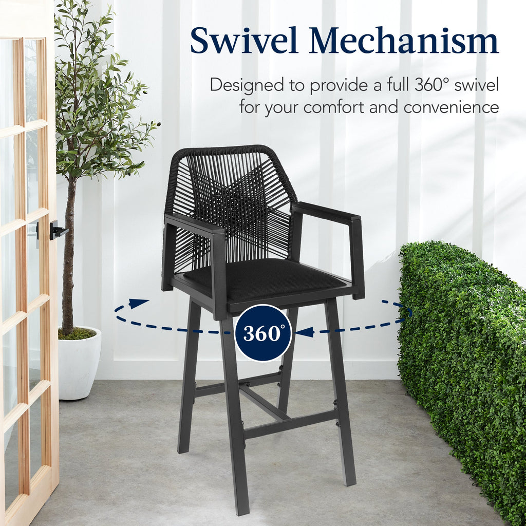 Set of 2 Indoor/Outdoor Aluminum Swivel Barstools with Arms All-Weather Rope