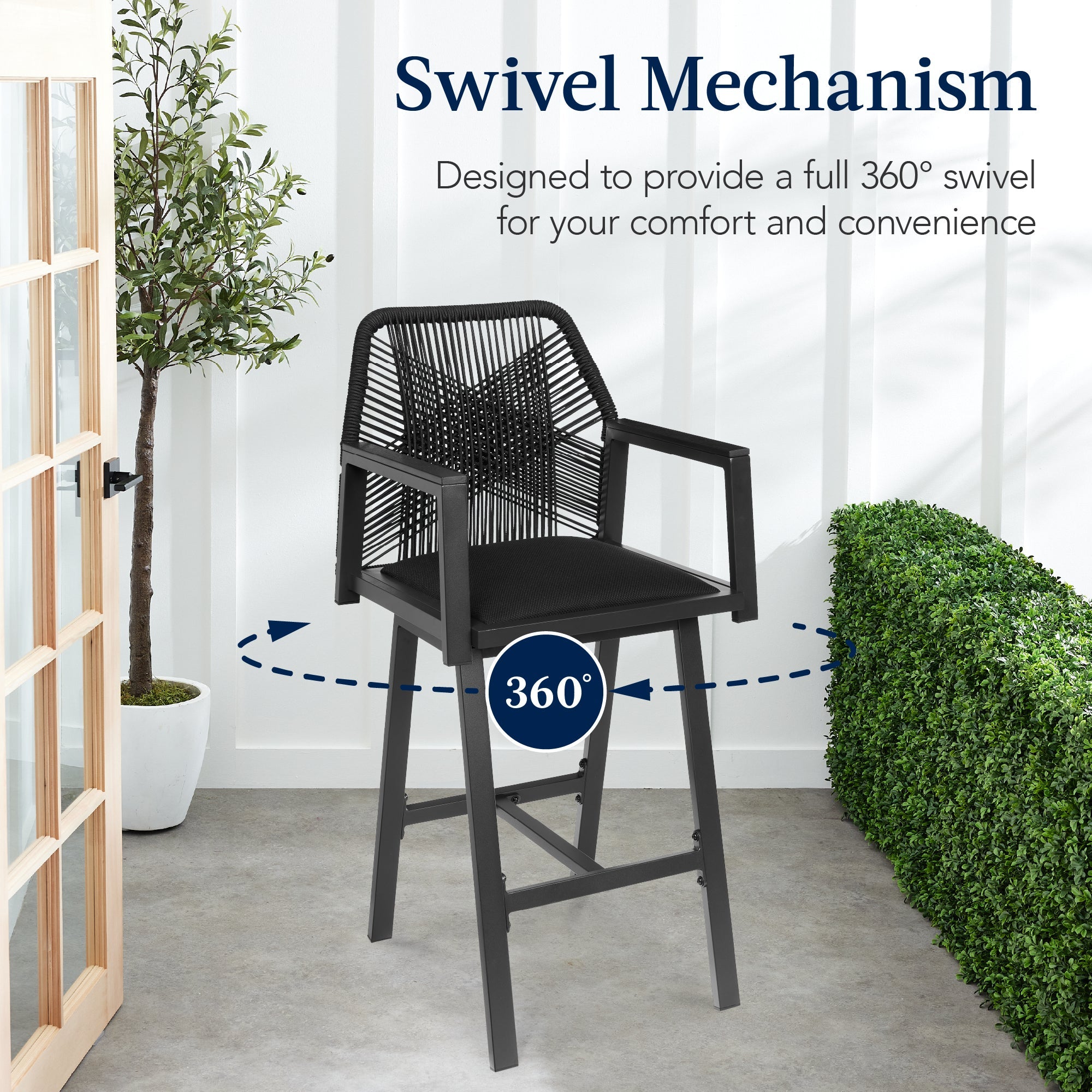 Set of 2 Indoor/Outdoor Aluminum Swivel Barstools with Arms All-Weather Rope