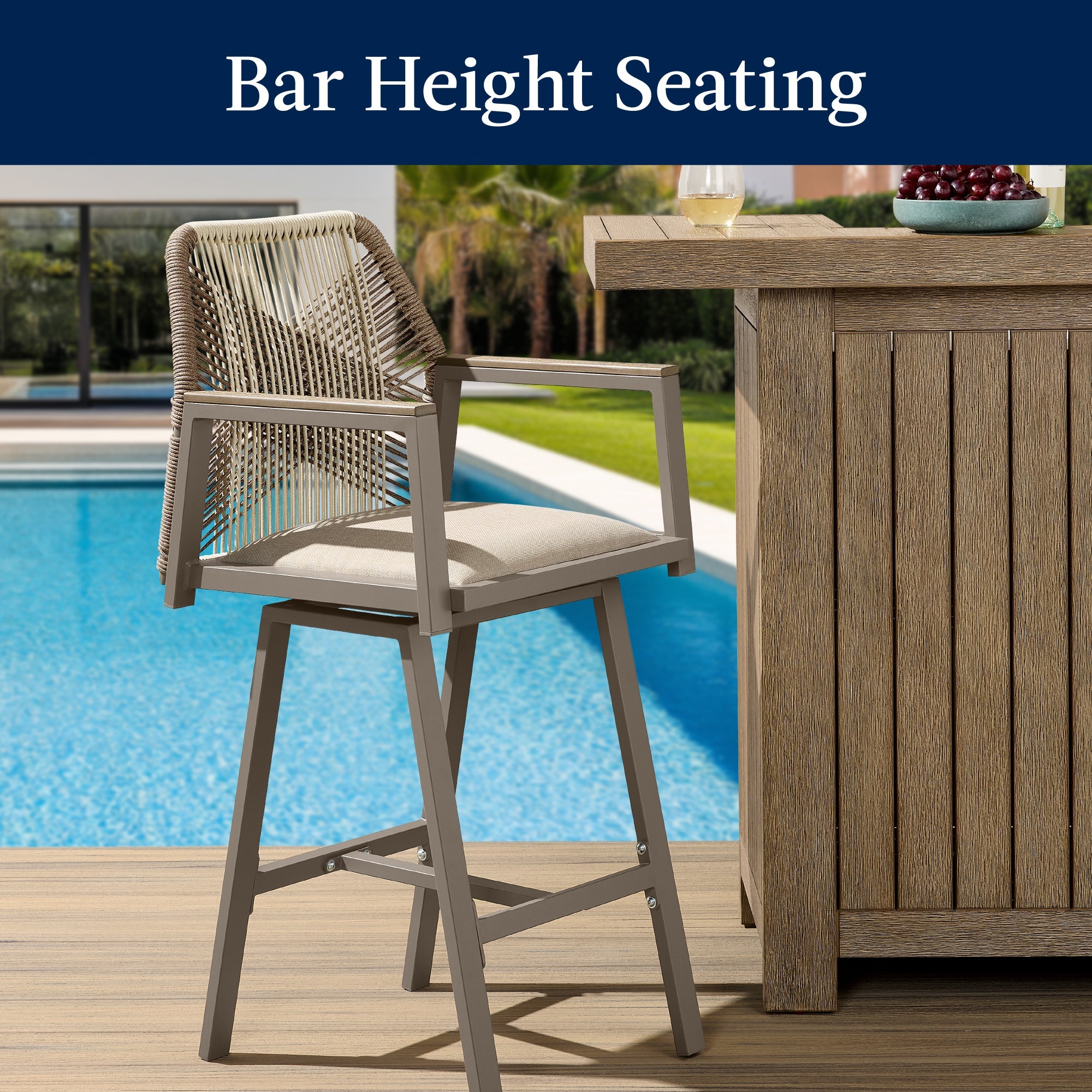 Set of 2 Indoor/Outdoor Aluminum Swivel Barstools with Arms All-Weather Rope