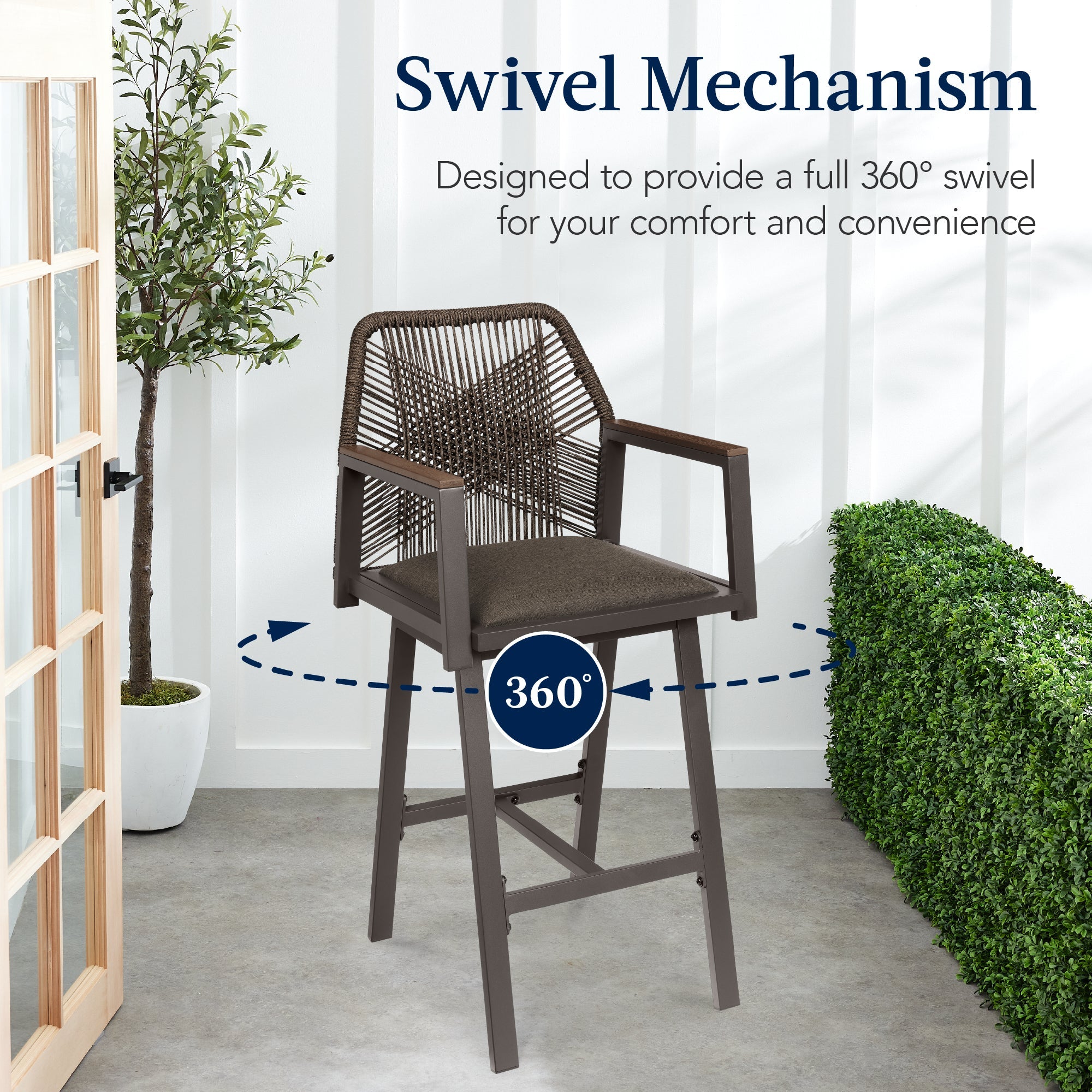 Set of 2 Indoor/Outdoor Aluminum Swivel Barstools with Arms All-Weather Rope