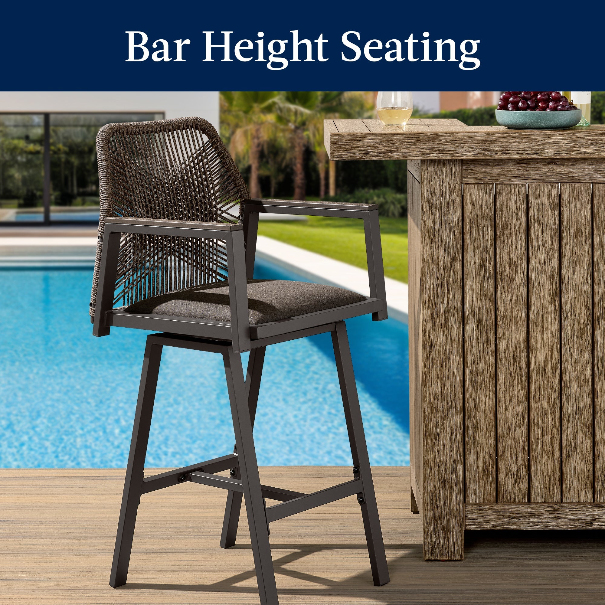 Set of 2 Indoor/Outdoor Aluminum Swivel Barstools with Arms All-Weather Rope