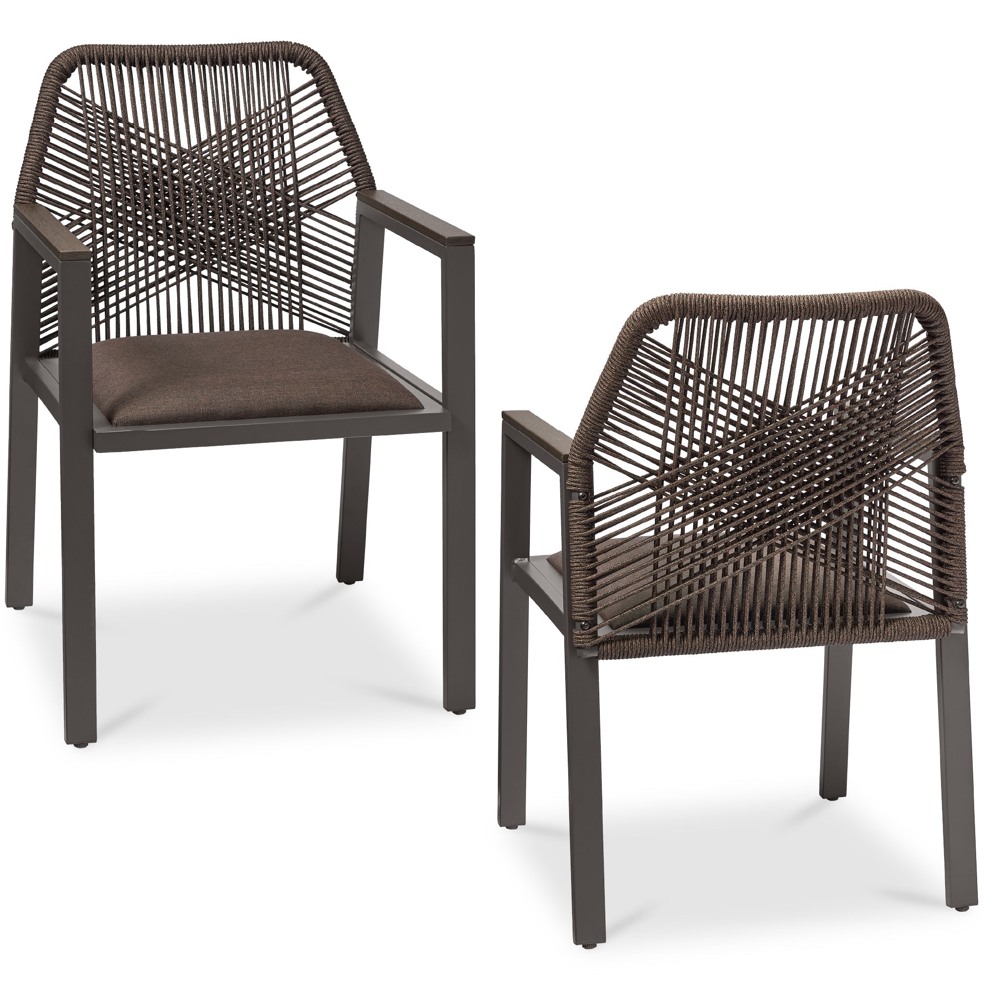 Set of 2 Indoor/Outdoor Aluminum Dining Chairs with Arms All-Weather Rope