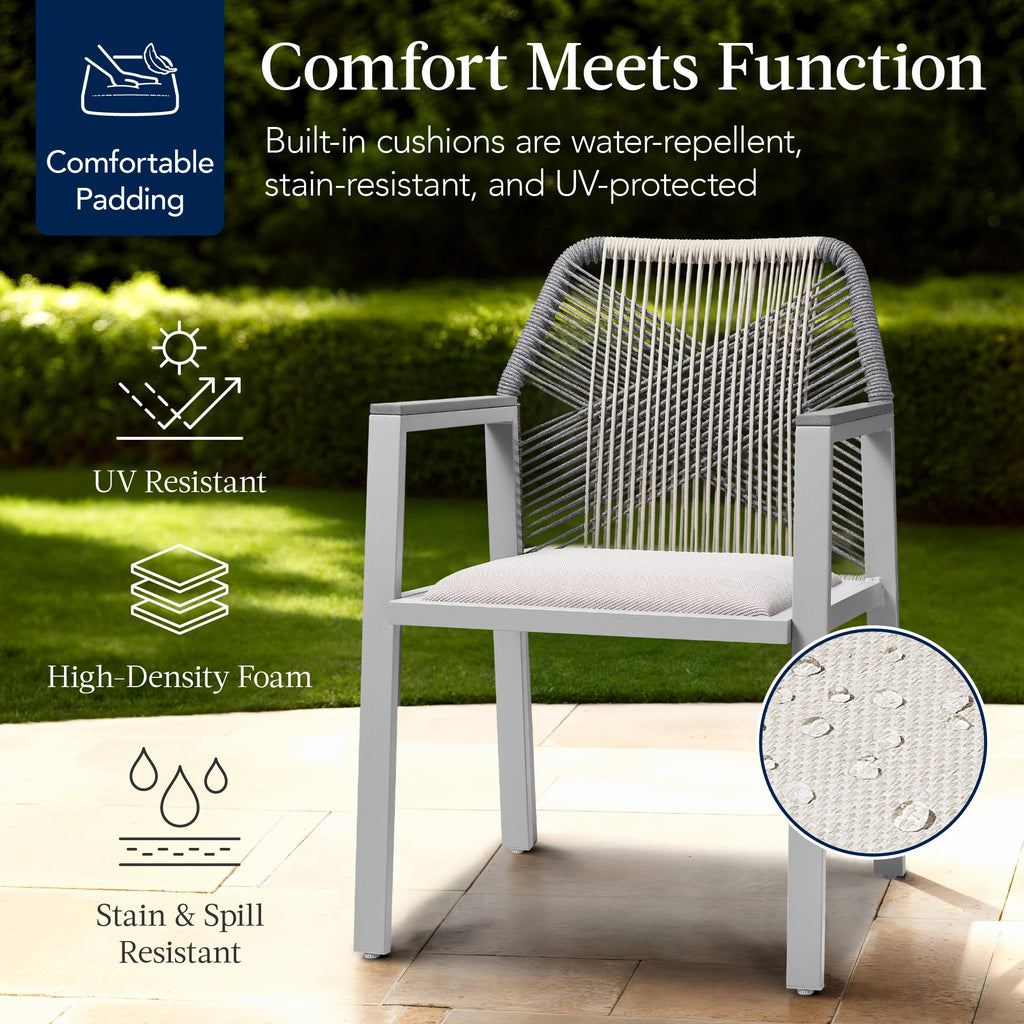 Set of 2 Indoor/Outdoor Aluminum Dining Chairs with Arms All-Weather Rope