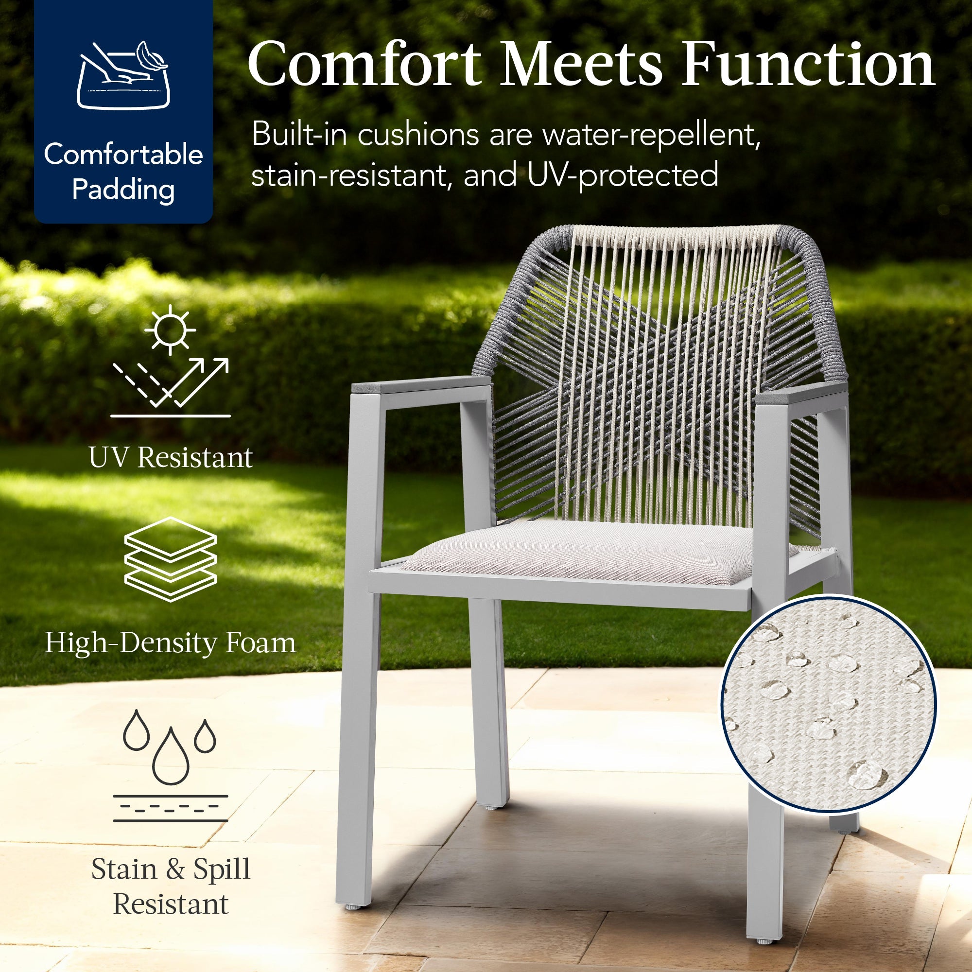 Set of 2 Indoor/Outdoor Aluminum Dining Chairs with Arms All-Weather Rope
