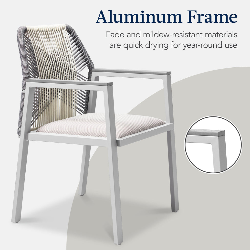 Set of 2 Indoor/Outdoor Aluminum Dining Chairs with Arms All-Weather Rope