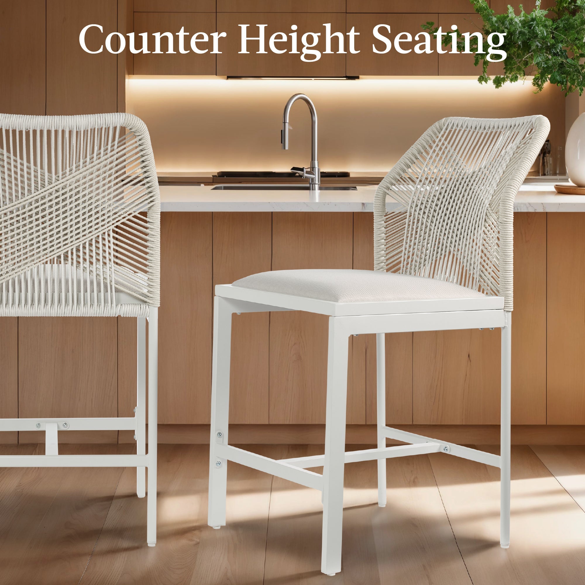 Set of 2 Indoor Outdoor Counter Height Bar Stools w/ All-Weather Rope