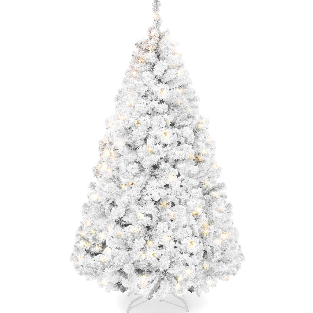 Pre-Lit White Snow Flocked Artificial Pine Christmas Tree w/ 2-in-1 Lights