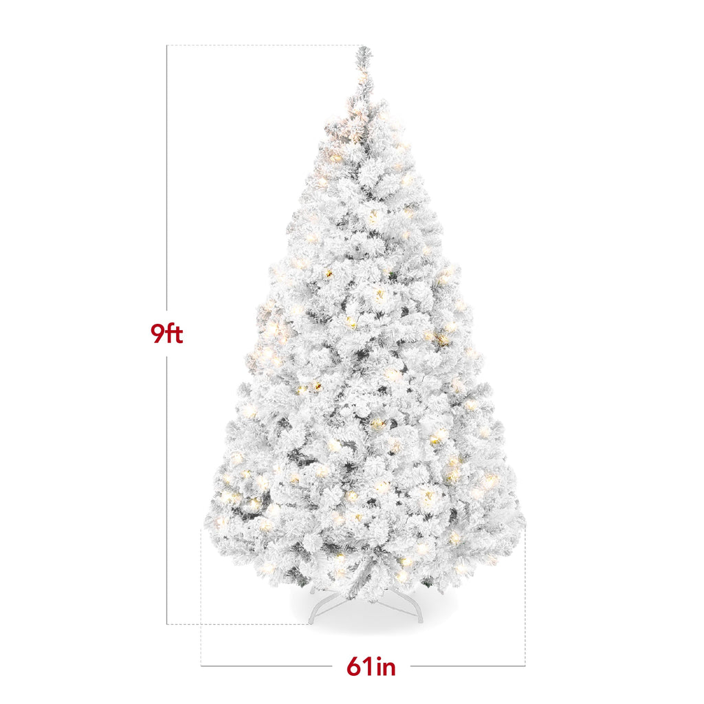 Pre-Lit White Snow Flocked Artificial Pine Christmas Tree w/ 2-in-1 Lights