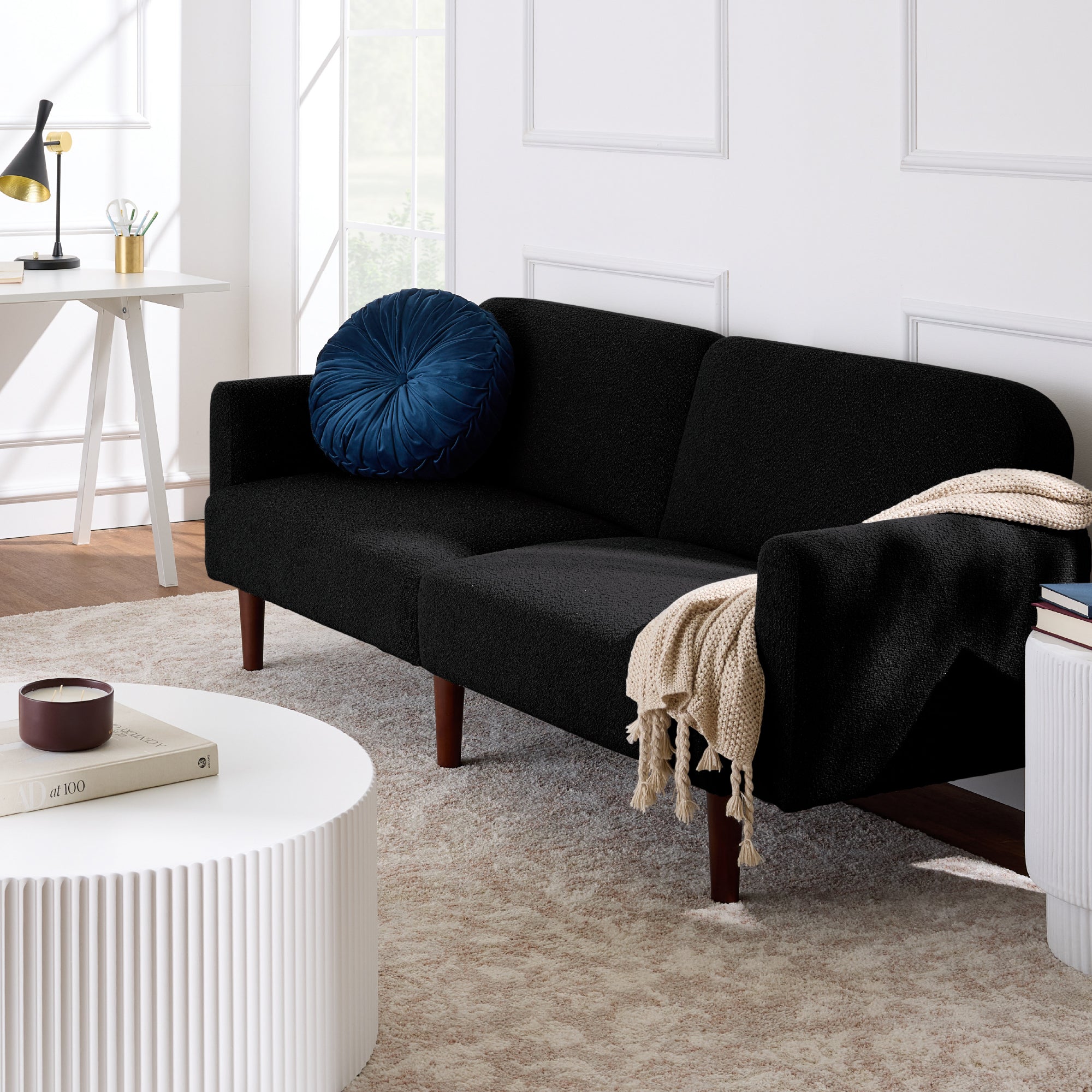 Curved Convertible Futon, Boucle Fabric Split-Back Sleeper Bed