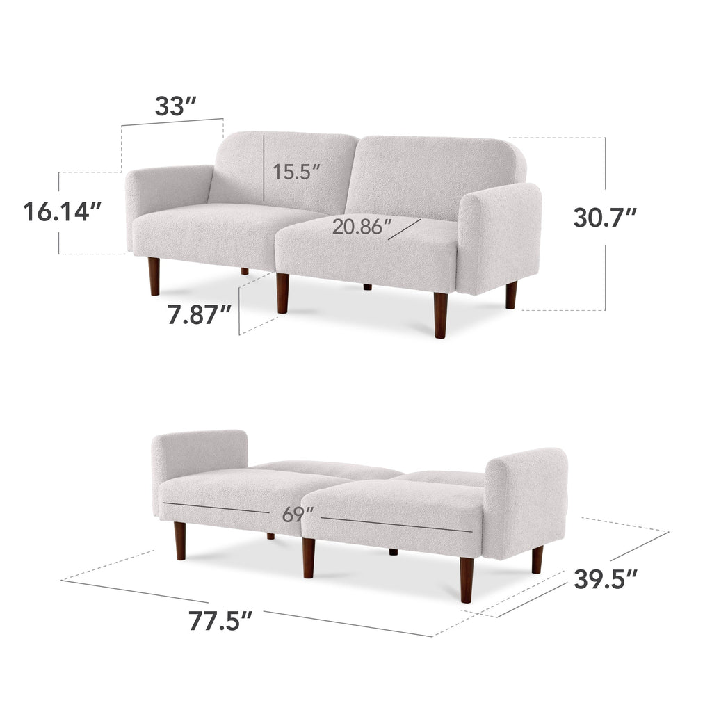 Curved Convertible Futon, Boucle Fabric Split-Back Sleeper Bed