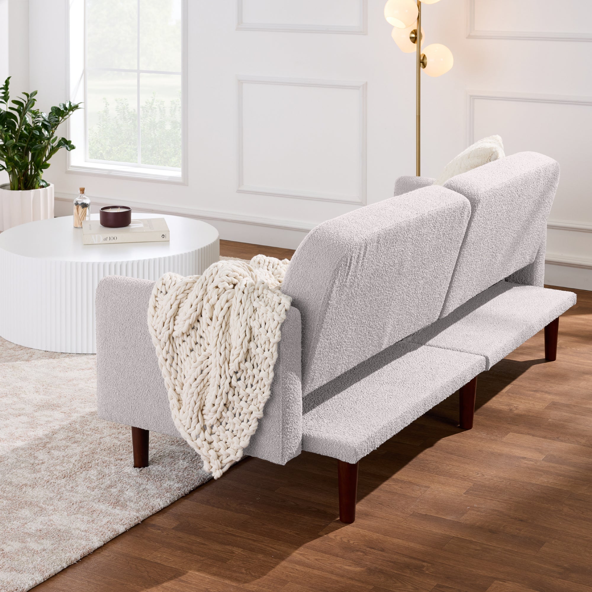 Curved Convertible Futon, Boucle Fabric Split-Back Sleeper Bed