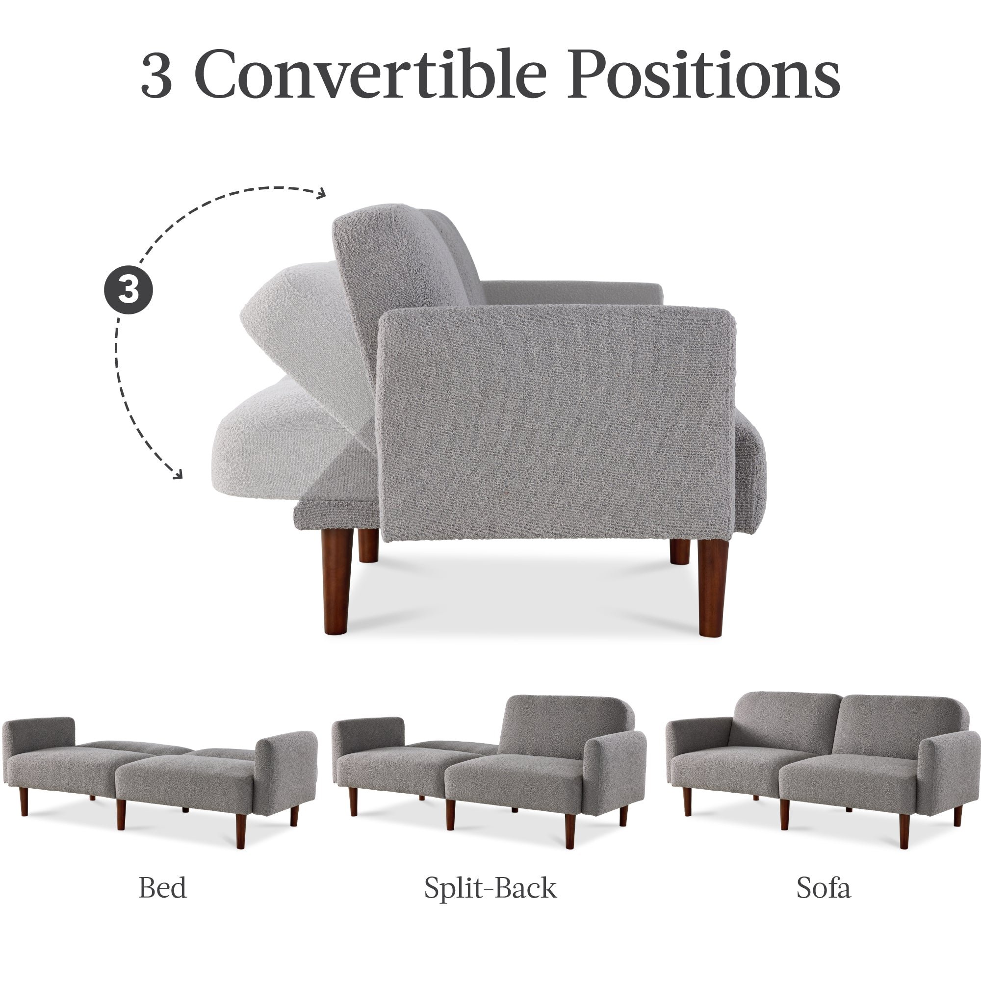 Curved Convertible Futon, Boucle Fabric Split-Back Sleeper Bed