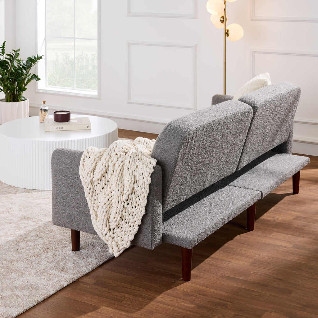 Curved Convertible Futon, Boucle Fabric Split-Back Sleeper Bed