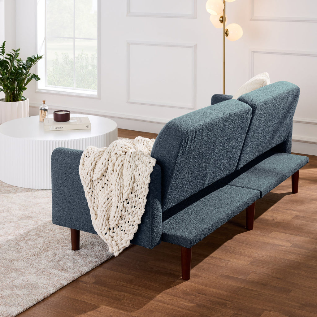 Curved Convertible Futon, Boucle Fabric Split-Back Sleeper Bed