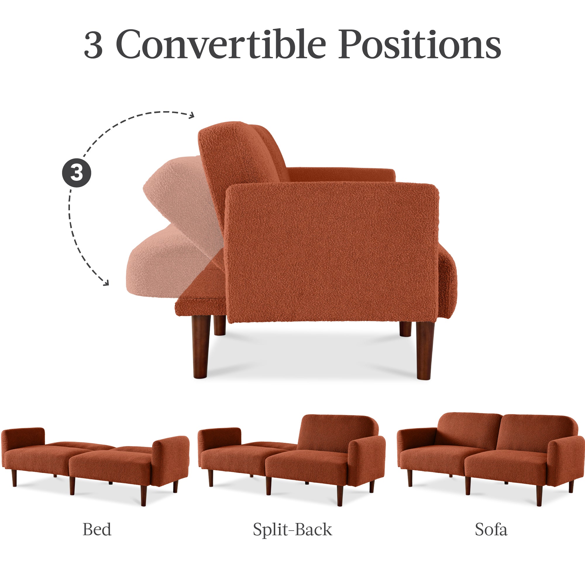 Curved Convertible Futon, Boucle Fabric Split-Back Sleeper Bed