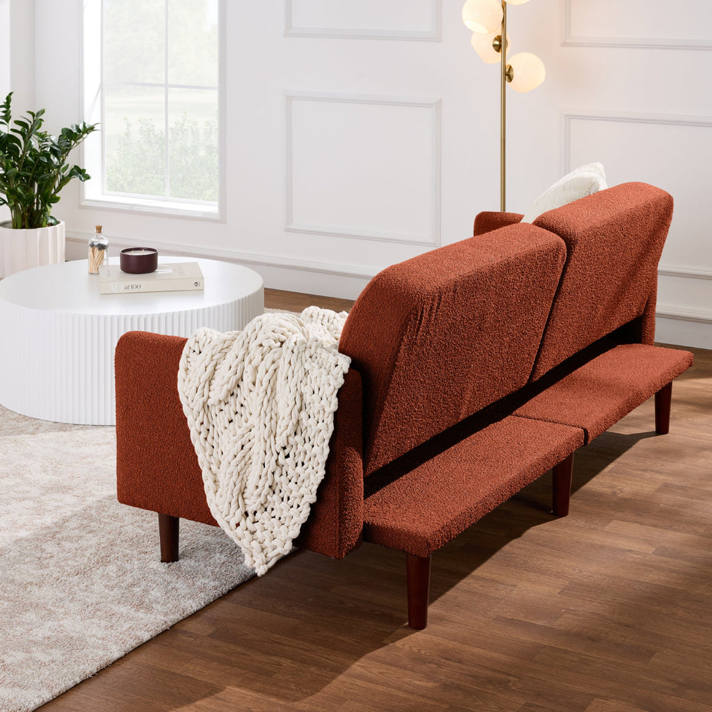 Curved Convertible Futon, Boucle Fabric Split-Back Sleeper Bed