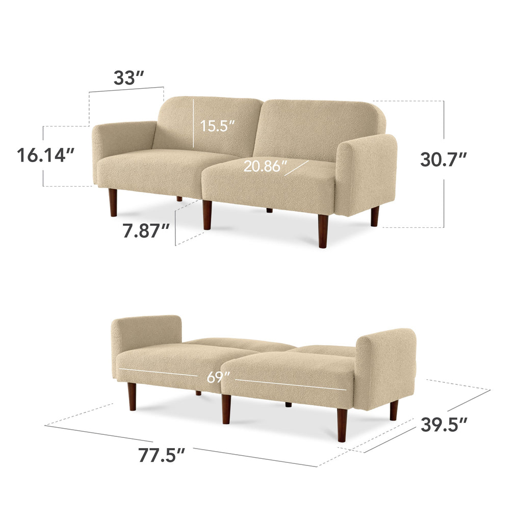 Curved Convertible Futon, Boucle Fabric Split-Back Sleeper Bed