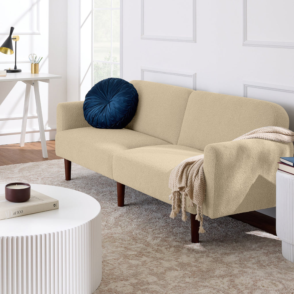Curved Convertible Futon, Boucle Fabric Split-Back Sleeper Bed