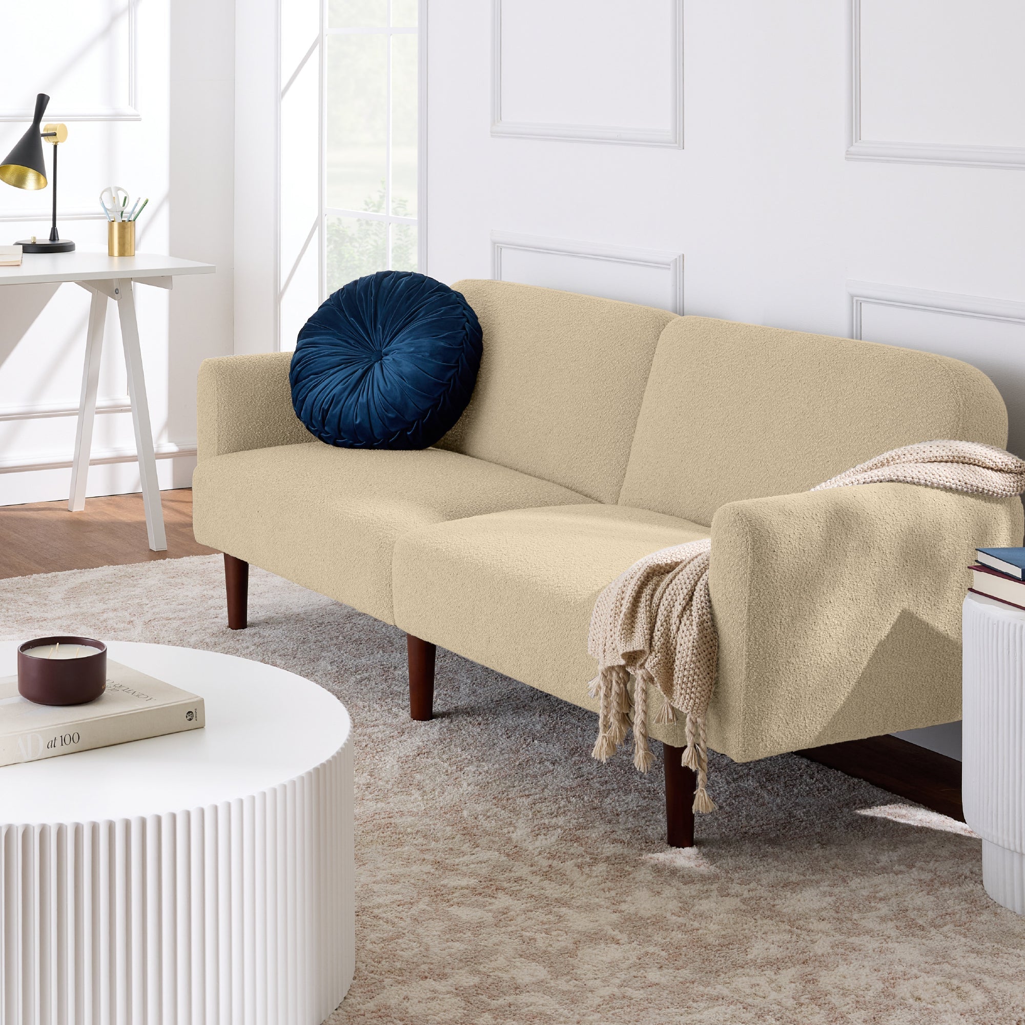 Curved Convertible Futon, Boucle Fabric Split-Back Sleeper Bed