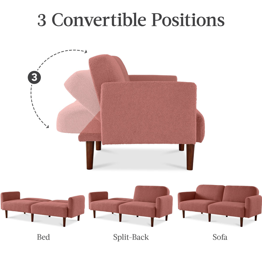 Curved Convertible Futon, Boucle Fabric Split-Back Sleeper Bed