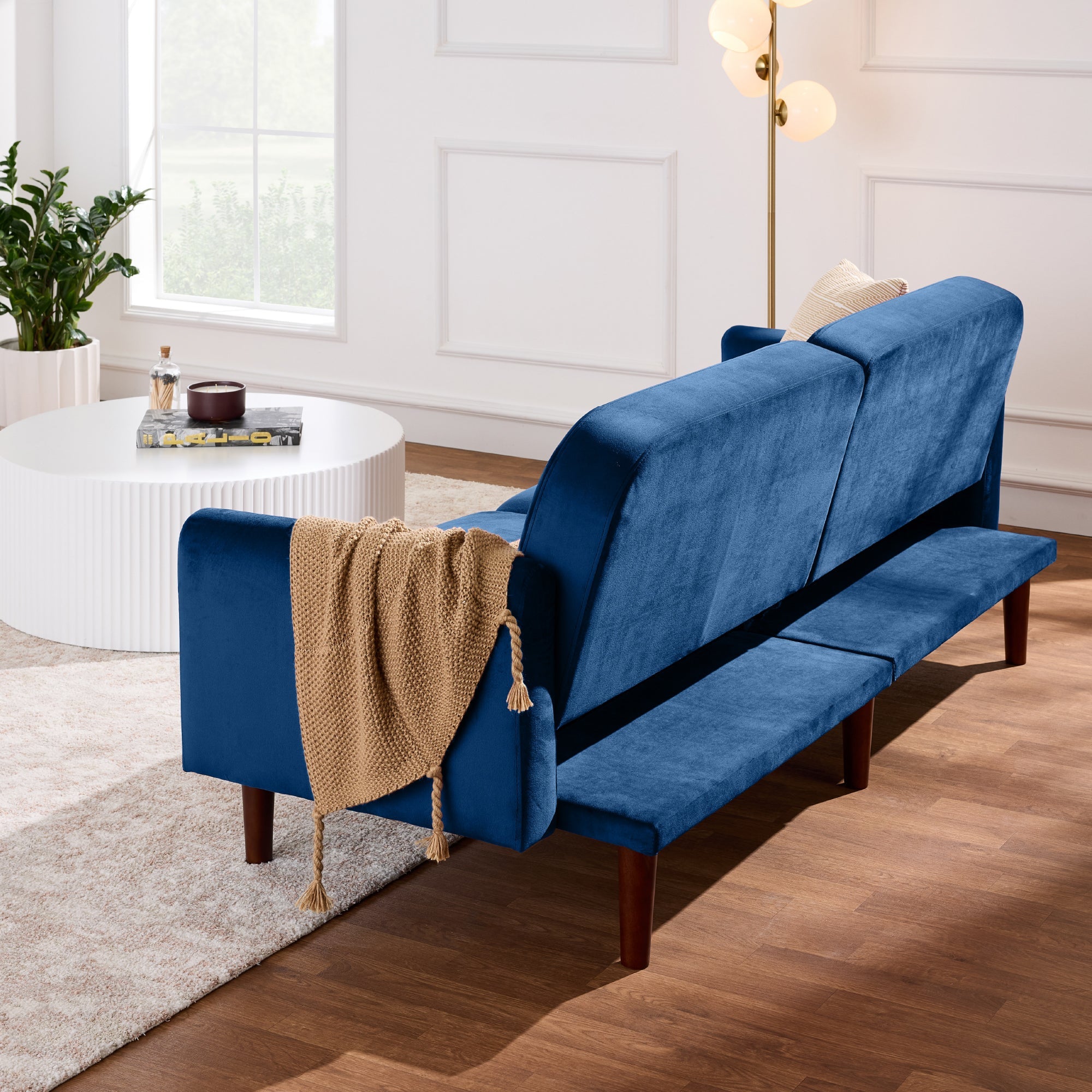 Curved Convertible Futon, Velvet Fabric Split-Back Sleeper Bed