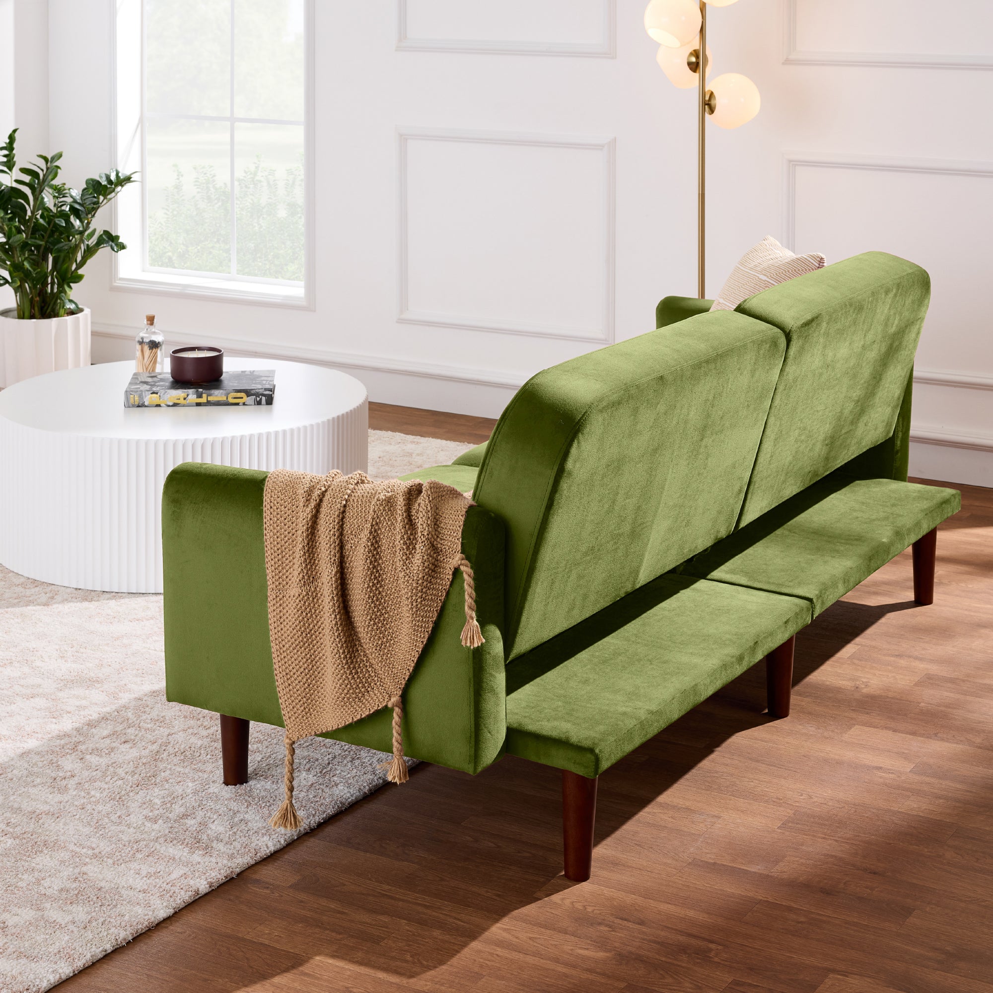 Curved Convertible Futon, Velvet Fabric Split-Back Sleeper Bed